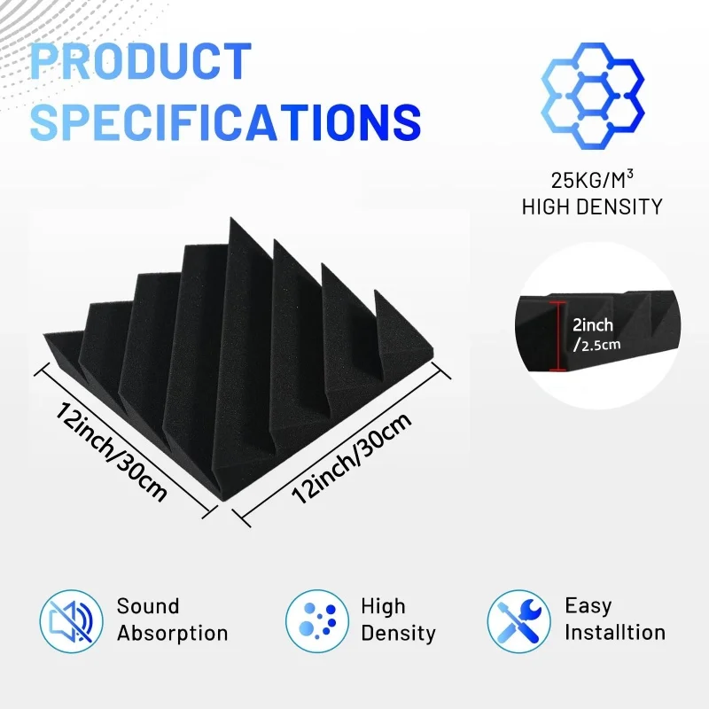 12Pcs 30x30x2.5cm Acoustic Foam Panels DIY Splicing Sound Absorbing Wall Pads Noise Reduction for Music Studio Bedroom Recording