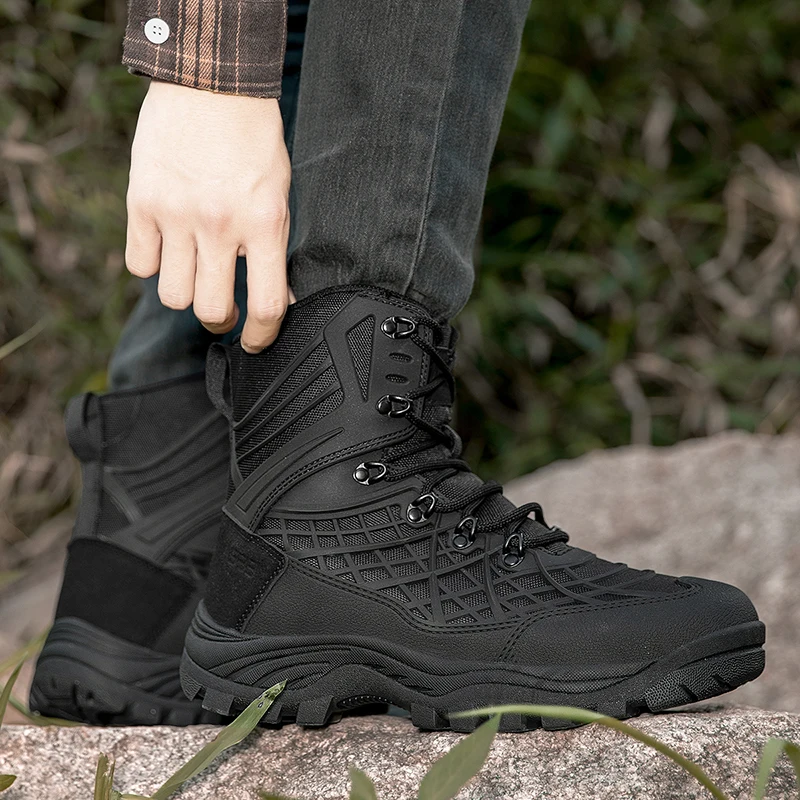 High Top Hiking Shoes Men Leather Waterproof Desert Combat Training Boots Anti-slip Tactical Boots Outdoor Men Motorcycle Boots