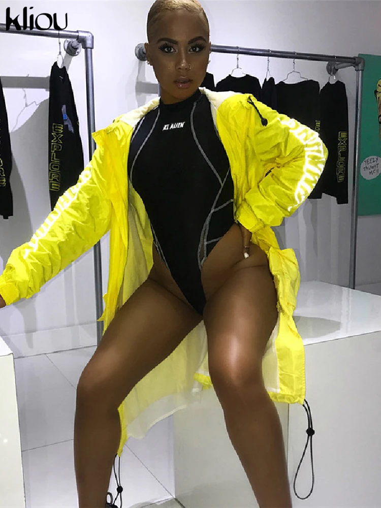 Kliou Women Full Sleeve Turtleneck Bodysuits Mesh Patchwork Letter Print Biker New Fashion Female Workout Street Casual Rompers