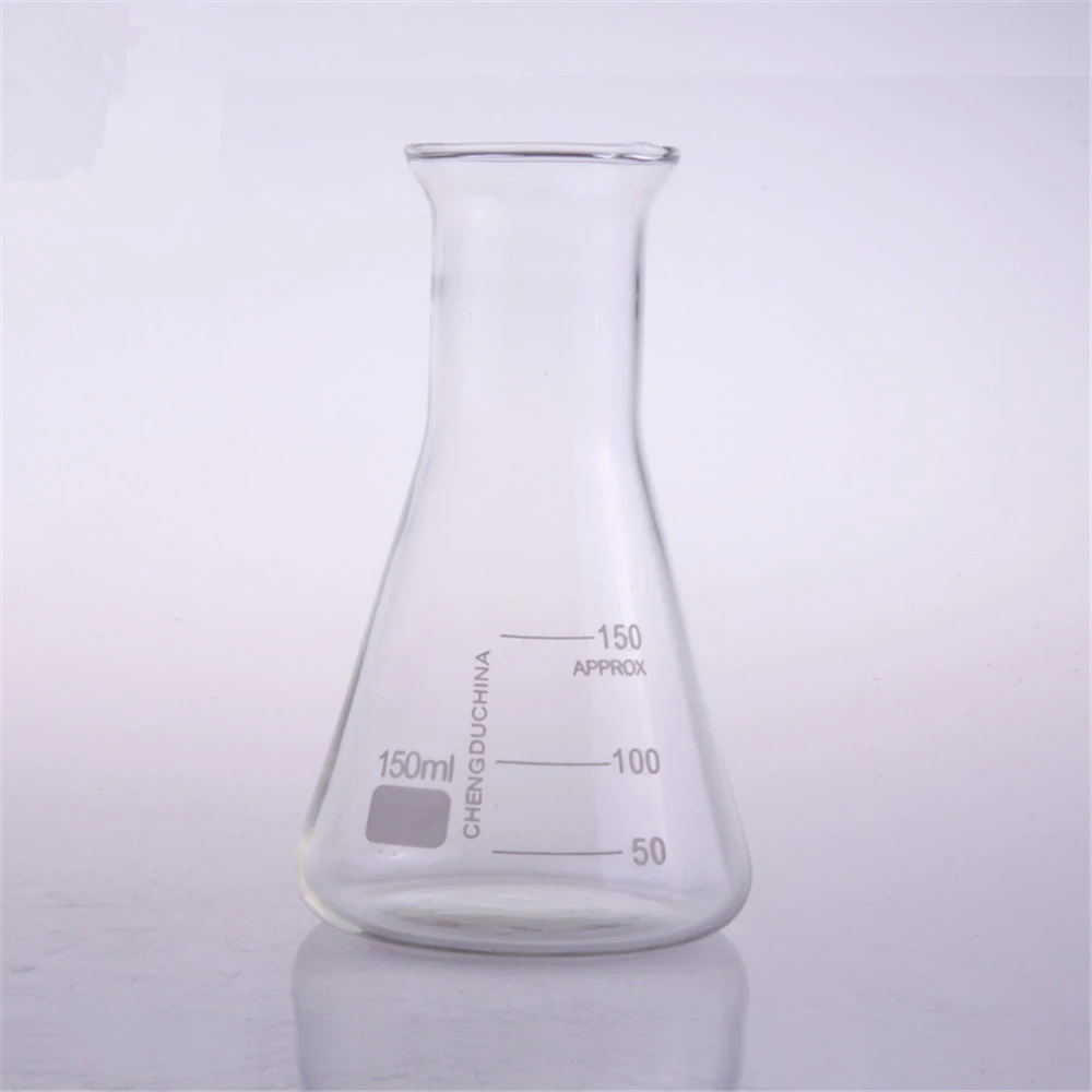 150 ml, matraz Erlenmeyer de vidrio, matraz cónico de vidrio, cuello de boca de campana, cristalería de laboratorio