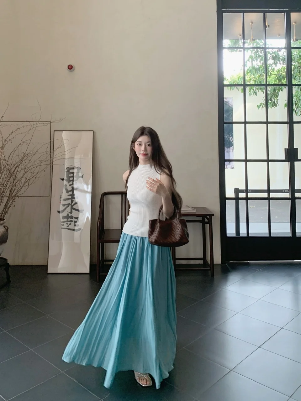 

Kumikumi Summer Loose Knitted Vest And Long Skirt Two-Piece Set Women's High Neck Half High Collar White Vest And Midi Skirt