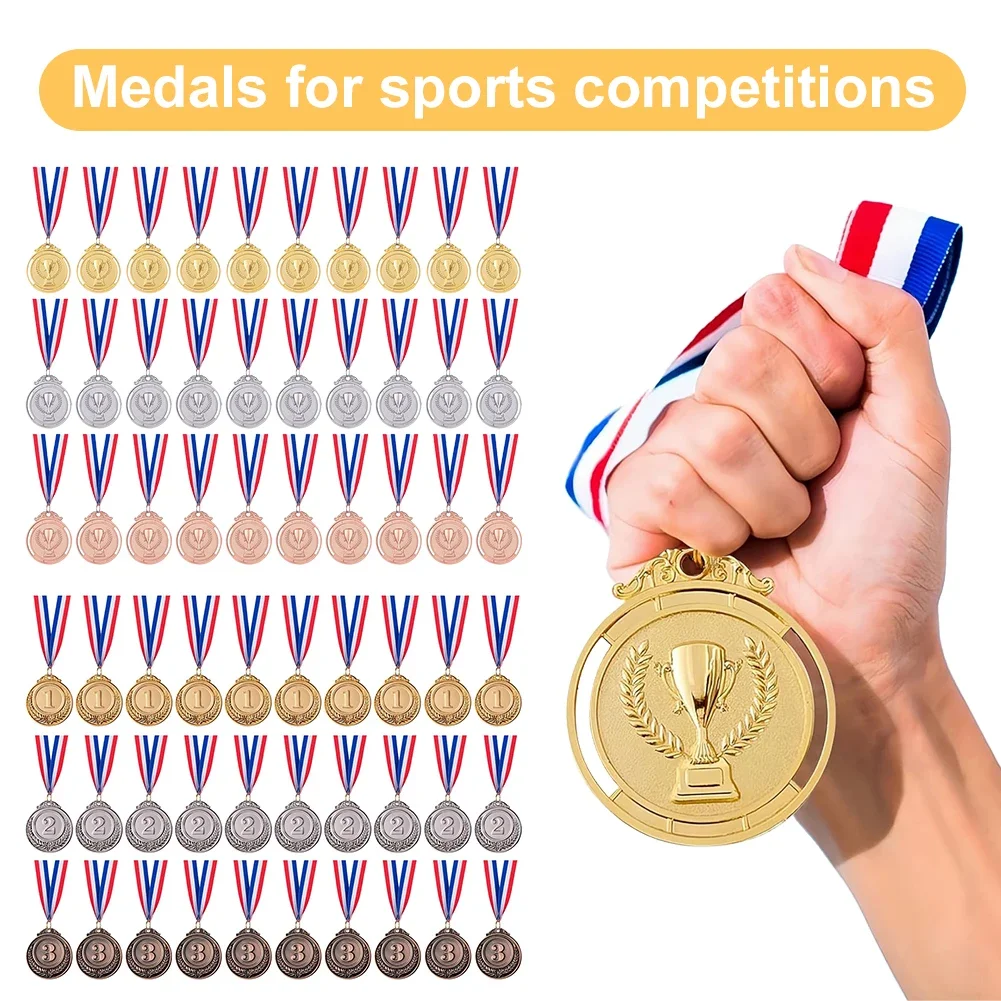 

30pcs 2inch 1st 2nd 3rd Prize Medal with Neck Ribbon Gold Silver Bronze Prize Round Winner Medal for Kids School Sports Meeting