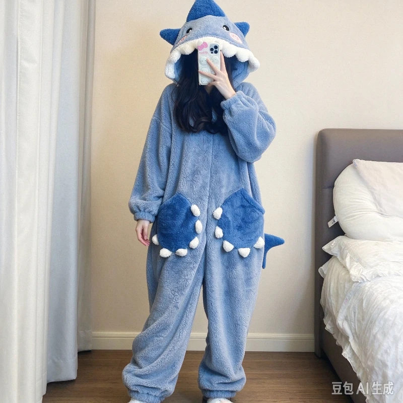 Women Blue Dinosaur Hooded Jumpsuit, Cute Fleece Sleepwear, Thick Plush Warm Loungewear bathrobe women sleepwear women