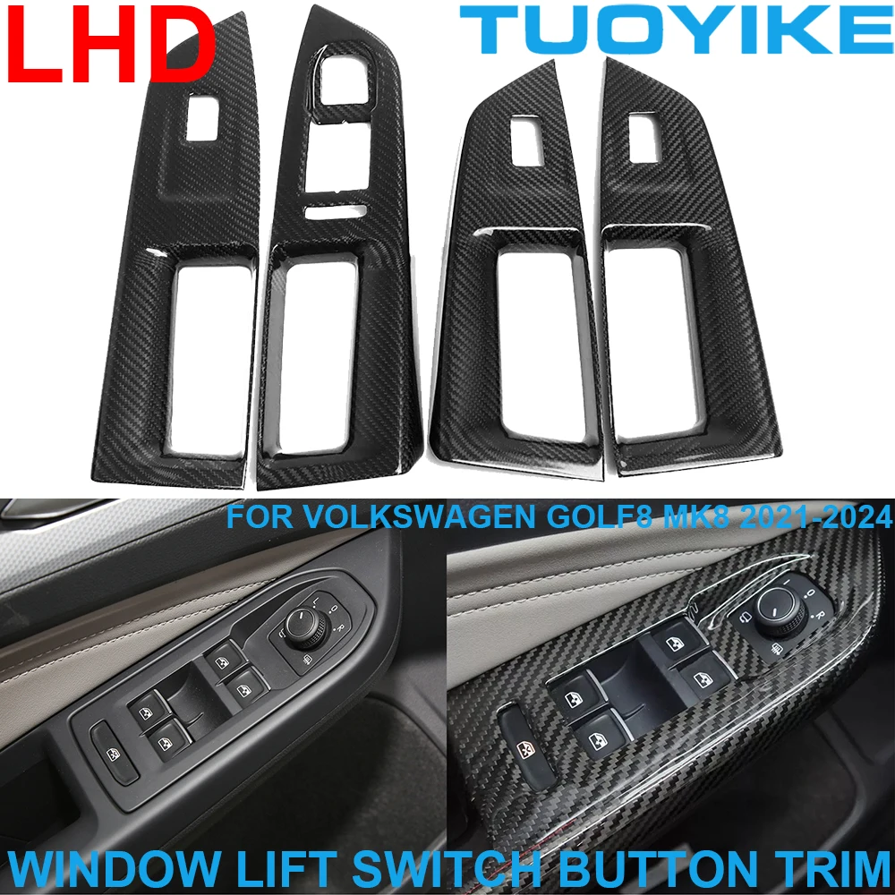 Car Real Dry Carbon Fiber Window Lift Switch Button Trim Cover Panel Frame For Volkswagen GOLF 8 MK8 GTE GTI GTD R Line 2021-24