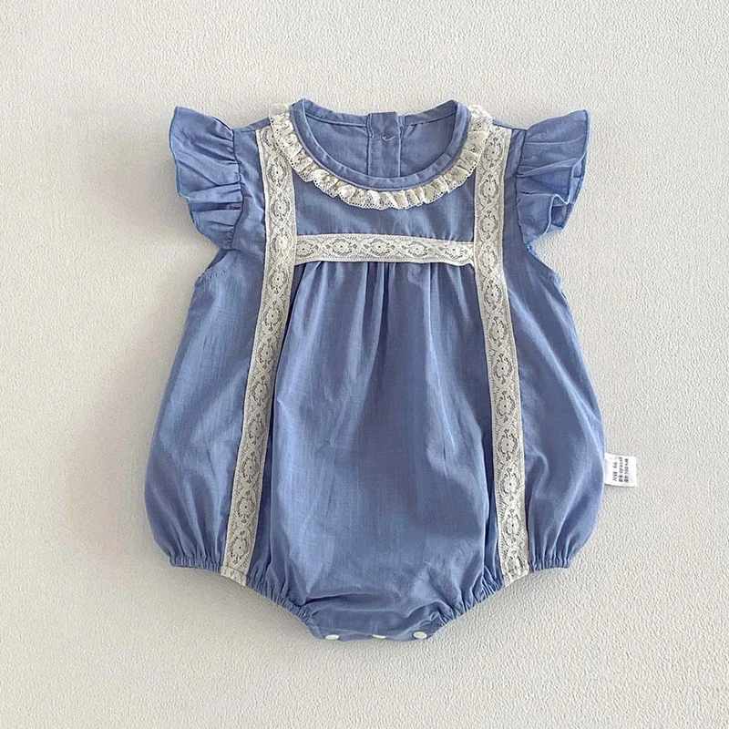 2026 New Summer 0-24M Children Clothes Toddler Baby Girls Jumpsuit Flying Sleeve Cotton Lace Splicing Newborn Baby Girl Romper