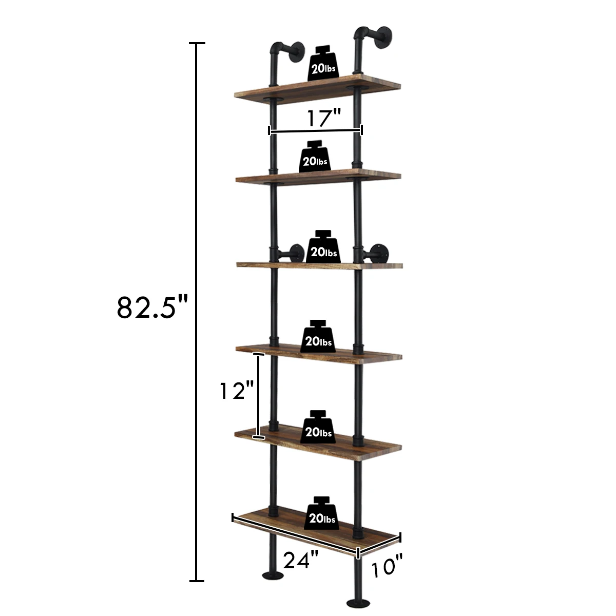 Costway 6-Shelf Rustic Pipe Shelving Unit, Vintage Industrial Pipe Wall Shelf Brown