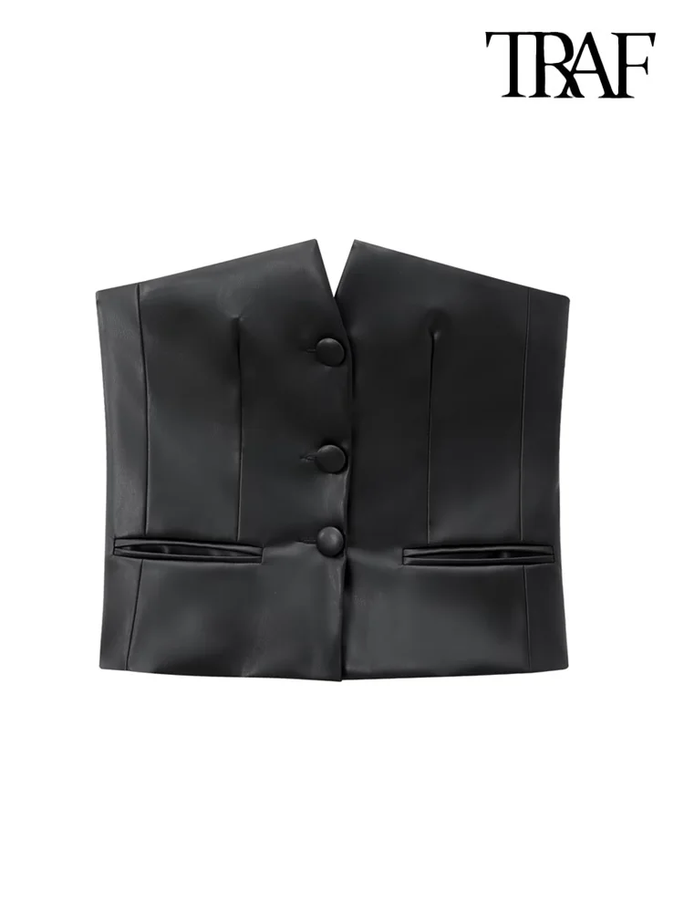 TRAF-Women's Faux Leather Fitted Bustier Tops, Asymmetric Neck, Covered Buttons, , Female Strapless Camis, Sexy Fashion