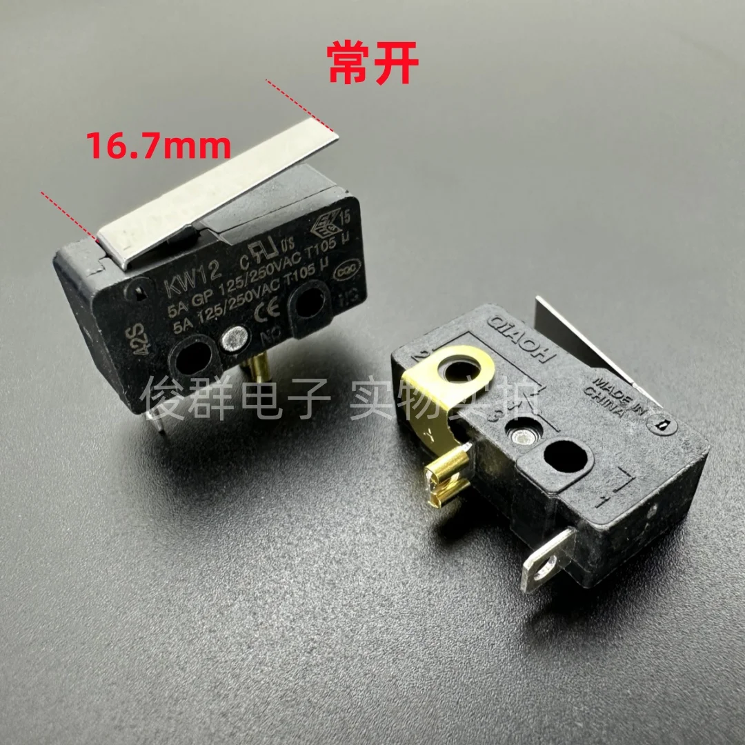 10pcs/micro switch KW12 light touch button travel limit detection reset with handle lever 2 feet normally open 5A