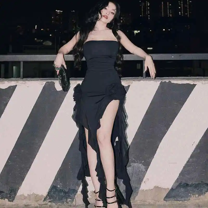 

Sexy Mid-Length Dr Women's Faionable Splice Lace Leg Slit Dr Ele Sle Polyester Fiber One-Piece Busin Home Wear