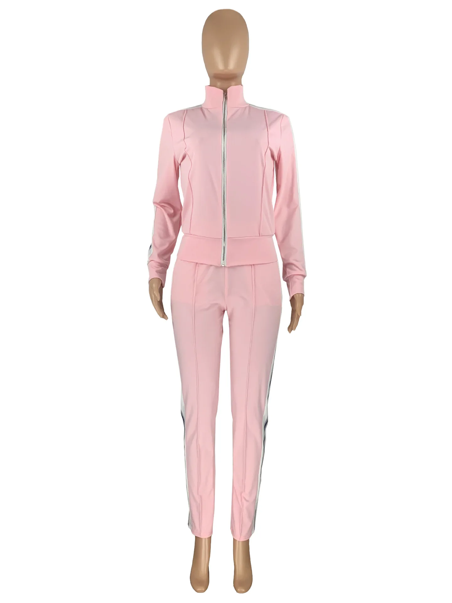 Women Solid Color Patchwork Zipper-Lapel Long Sleeve Top And Straight-Leg Pants Casual Two-Piece Fashion Movement Jogging Suit