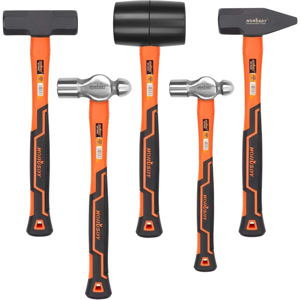 5-Piece Hammer Set,16oz Ball Pein Hammer, 32oz Rubber Mallet | 3lb Sledge Hammer | 3lbCross Peen Hammer