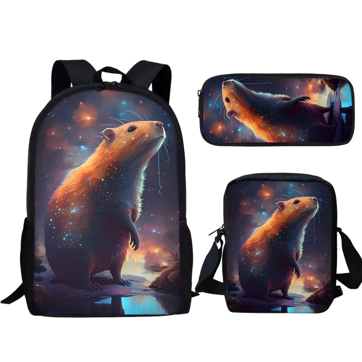 Animal Capybara Print School Bags para crianças, mochila de viagem, desenho animado, sacos para jardim de infância, presentes para meninos e meninas, moda, 3 pcs