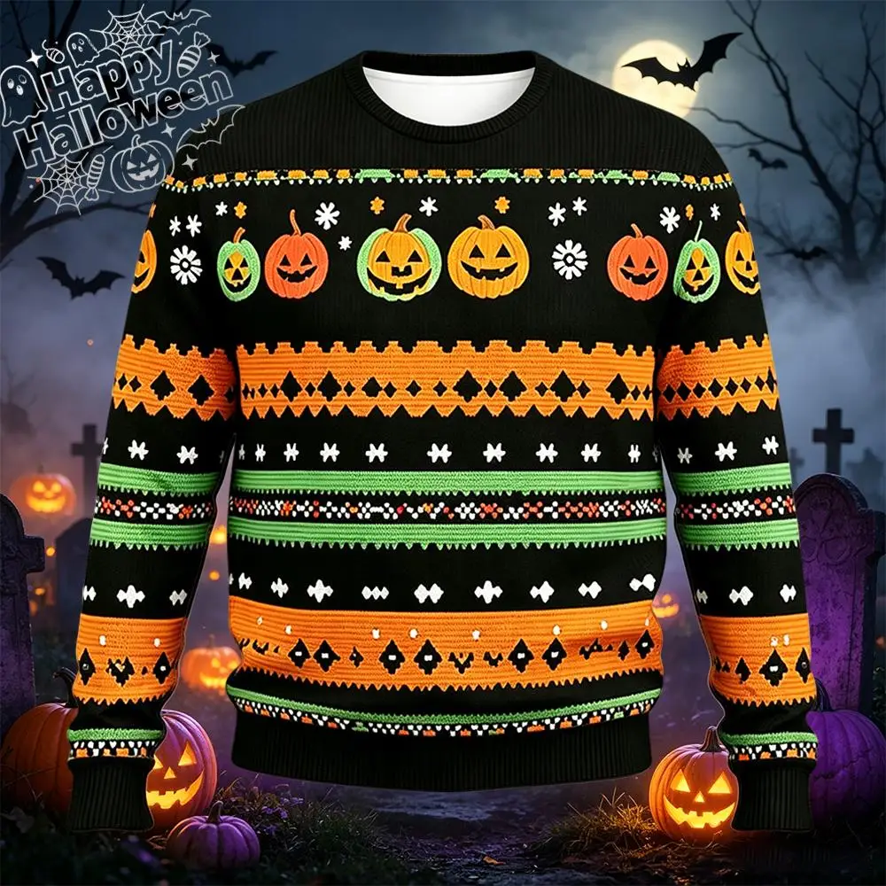Fun Halloween 3D Printed Ugly Sweater Pumpkin Lantern Geometric Pattern Pullover Autumn Winter Unisex Party Crewneck Sweatshirt