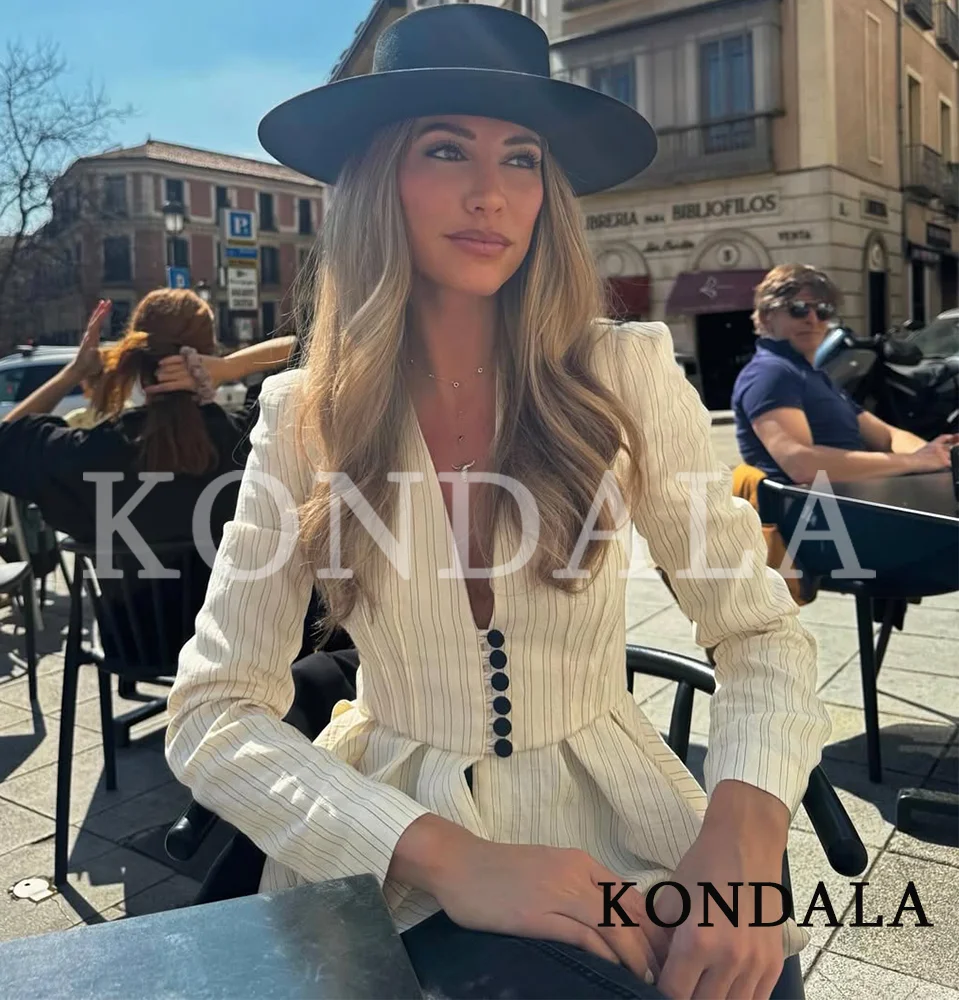 KONDALA Women Elegant Striped Blazer High Street Commute Deep V-Neck Skirt Hem Blazer 2026 Spring Summer Fashion Casual Blazer