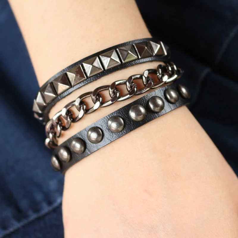 Leather Multilayers Rivets Chain Studded Wristband