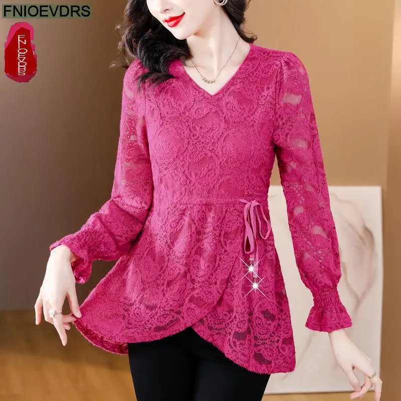 M-4XL Hollow Out Lace Shirts2023 Women European Style Office Lady Drawstring Waist Bow Tie Thick Winter Tunic Peplum Top Blouses