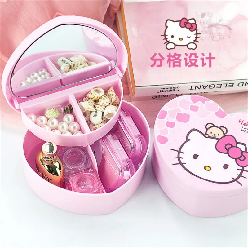 

Cute Sanrio Hello Kitty Cartoon Love Shape Jewelry Organizer Double Layered Folding Storage Box with Cosmetic Mirror Girls Gift