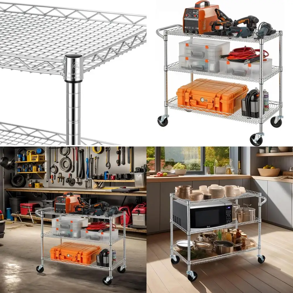 

Sturdy 3-Tier Utility Cart with Chrome Finish, Push Handle, and 18x36 Shelves, NSF Certified