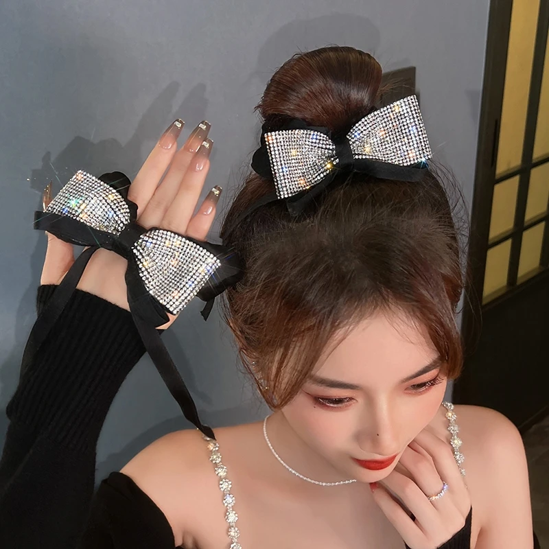 New Retro Bling Crystal Rhinestone Bow Scrunchies Hair Ties for Women Girl Hair Bands Streamers Ponytail Holder Hair Accessories