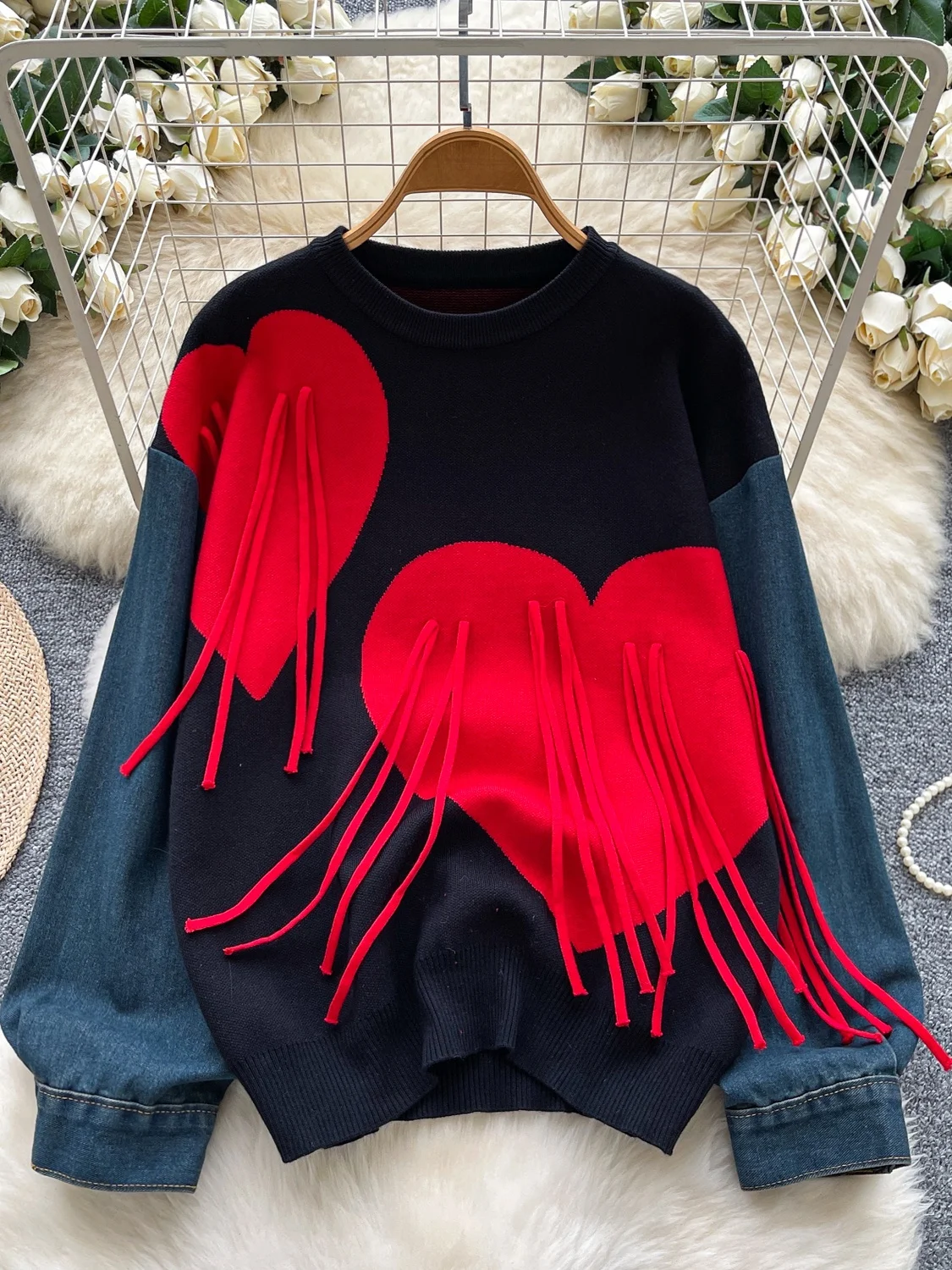 

Casual Denim Long Sve Knitted Sweater Women's Autumn Winter Loose Slimming Tassel Sweater Commute Sle round Ne Single ...
