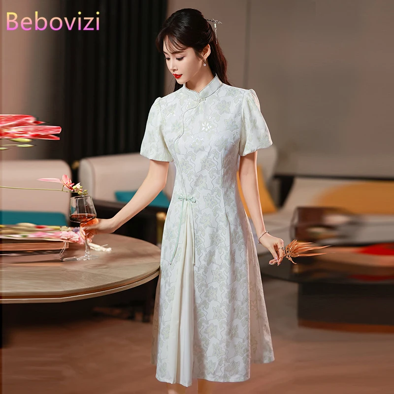 2024 Summer Modern Improved Green Cheongsam Chinese Style Short Sleeve Qipao Evening Dress Women Casual Clothing New Year CNY