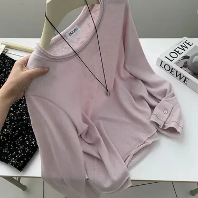 Women Loose Long Sleeve T Shirt Button Cuff Casual Lightweight Basic Tops For Spring Summer