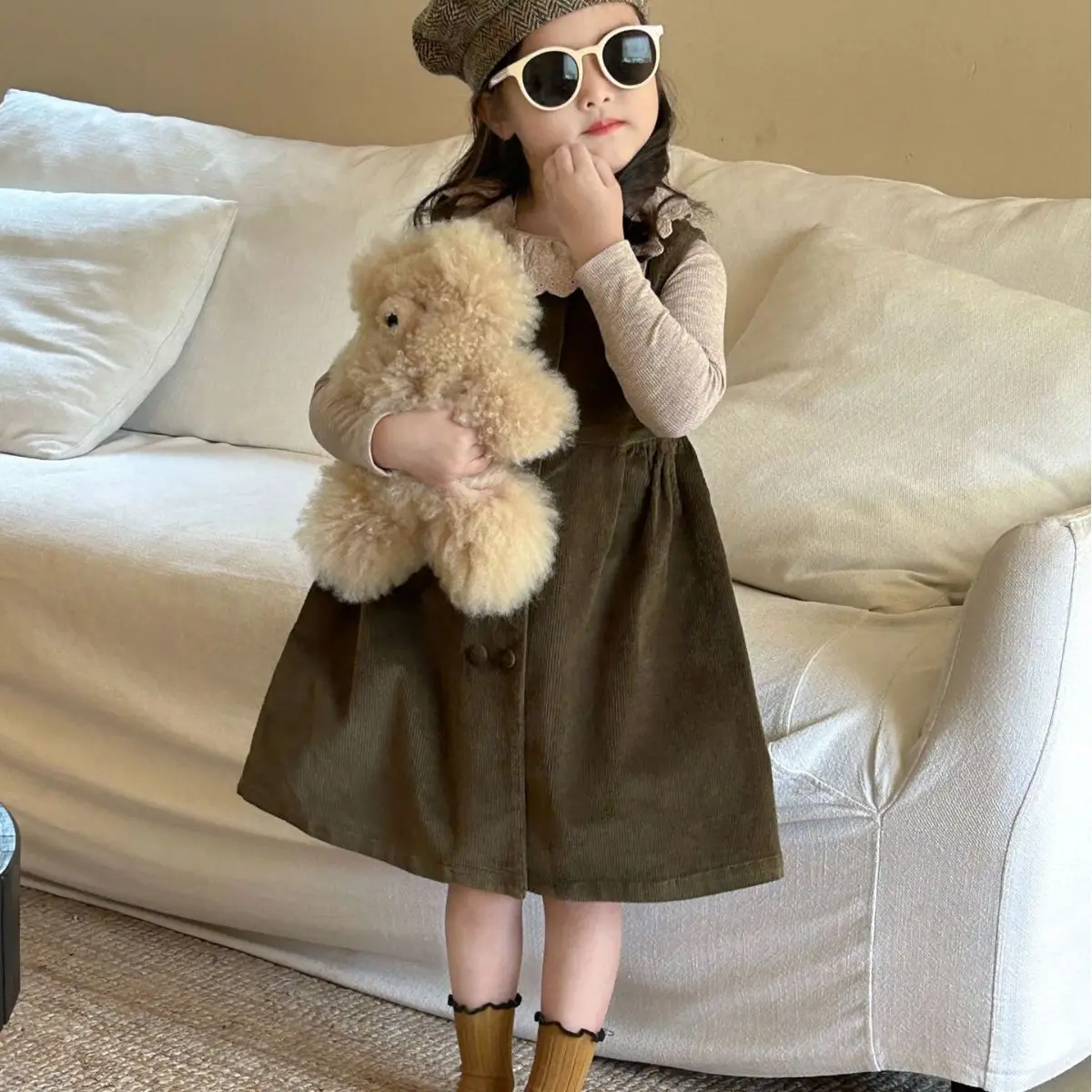 Girl Dress 2024 Spring New Children Wear South Korean Children Wear Girls Fashion Corduroy Sundress Sweet Corduroy Skirt