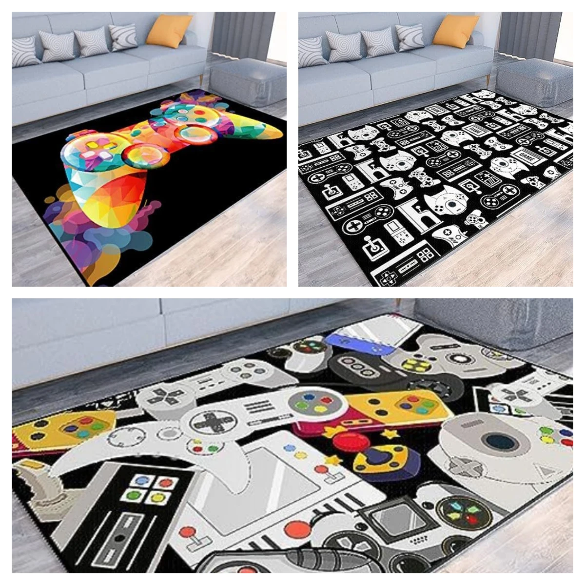 Tapis de zone antidérapant pour Gamer, motif de contrôleur de jeu, noir, pour salle de jeux, chambre à coucher, salon, imperméable, facile à nettoyer