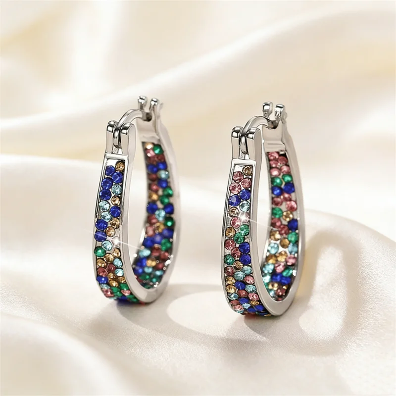 Luxus eingelegte farbige Zirkon Creolen für Frauen exquisite Mode Silber Farbe Party Verlobung Hochzeit Ohrringe