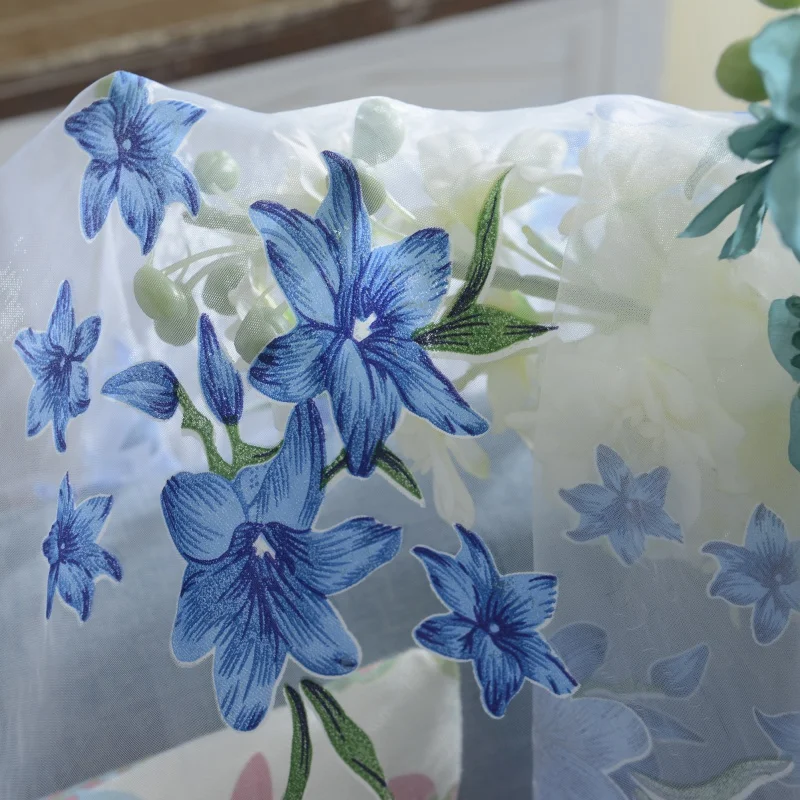 New Tulle Curtain Blue Flower Print Window Curtain Living Room Bedroom Decorations Floor-to-ceiling Curtain Thin Transparent Dra