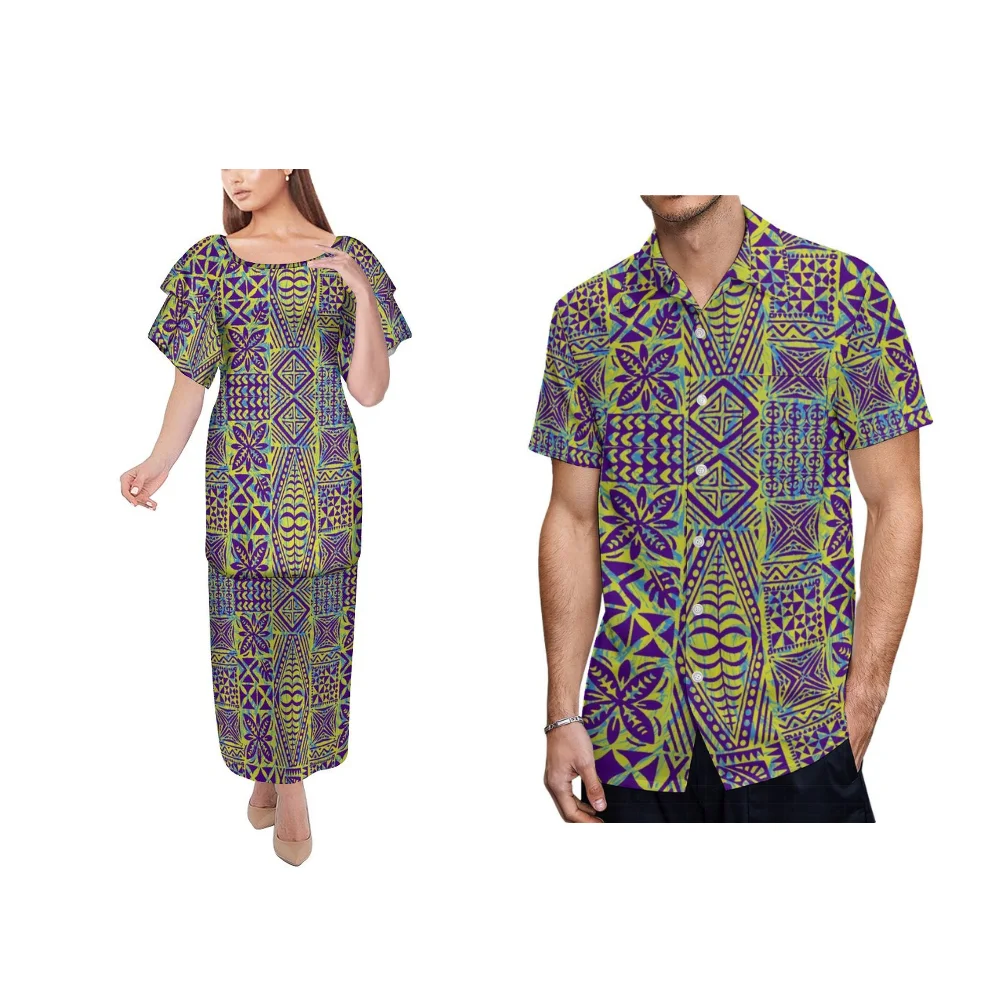 Couple Banquet Dress Custom Samoa Club Fashion Couple Set Dress Shirt Designed In Traditional Polynesian Print Pattern