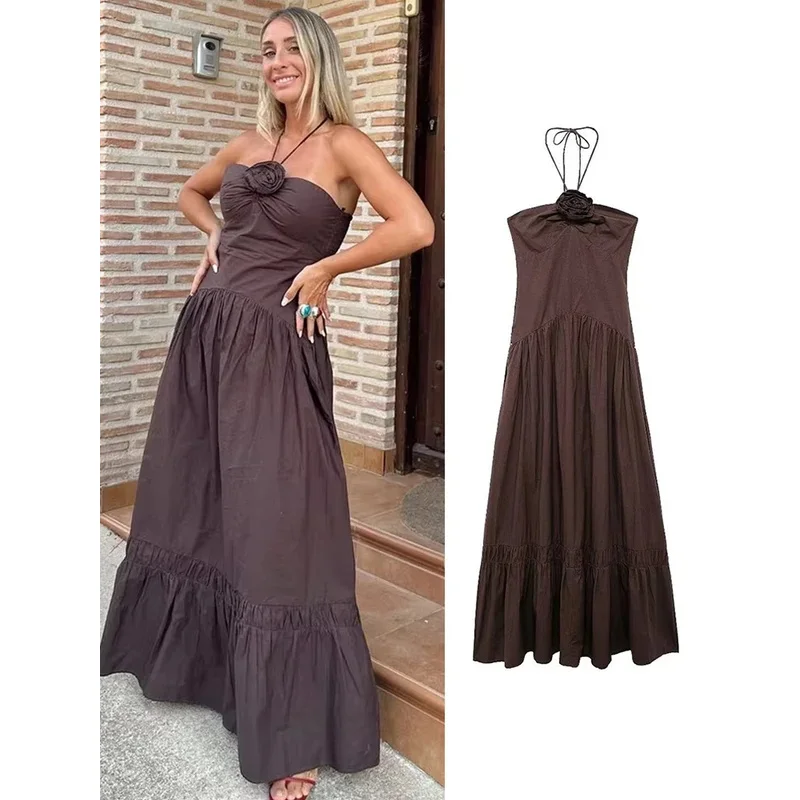 Sexy 3D flower halter long dress women pleated backless patchwork sleepveless off shoulder party dresses 2024 new holiday robe