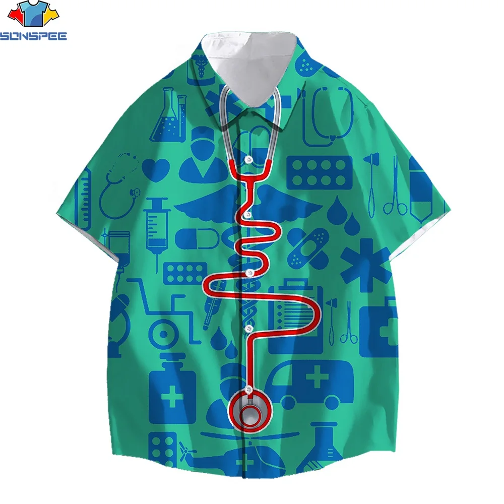 

SONSPEE 3d Print Hawaiian Men's Shirts Fun Cosplay Doctor Hospital Cartoon Graphics Polyester New Summer Fashion Lapel Shirt Top