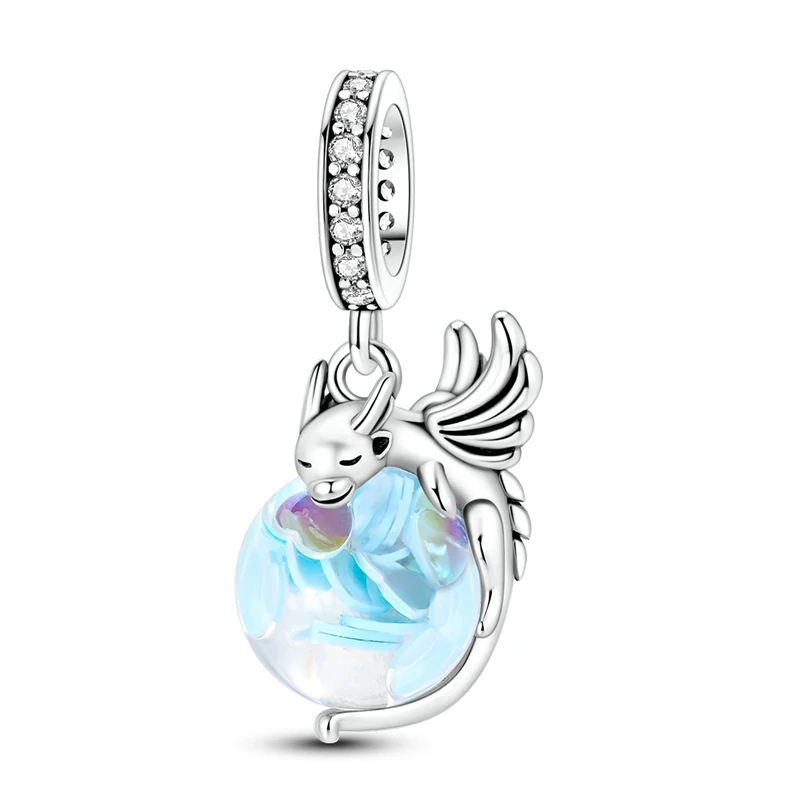 925 Sterling Silver Cute Baby Dragon Charm Iridescent Blue Glass Ball Heart Sequins Pendant Fit Charm Bracelet Jewelry Gift