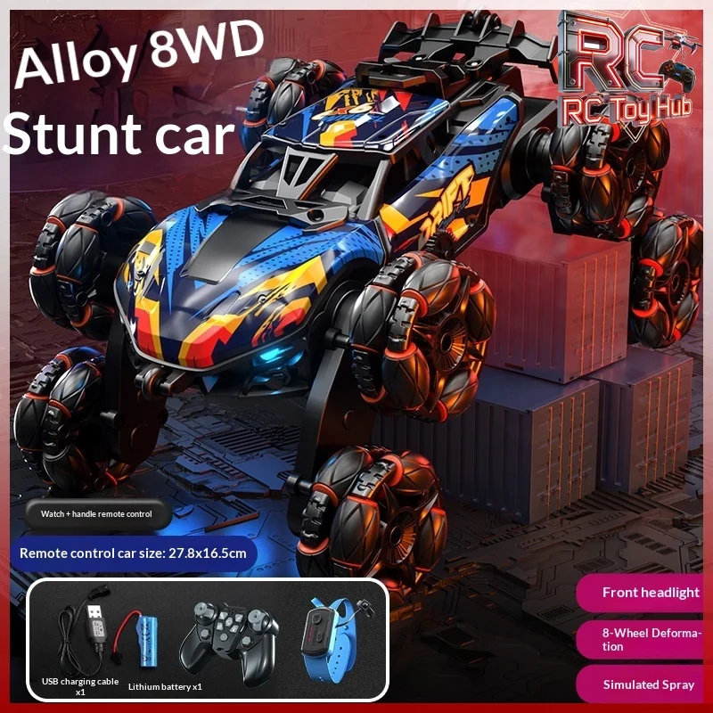 

6WD Remote Control Stunt Climbing Car Alloy Body Spray Mist LED Lights Drift Flip Off Road Toy Vehicle With Stunt Tires For Kids