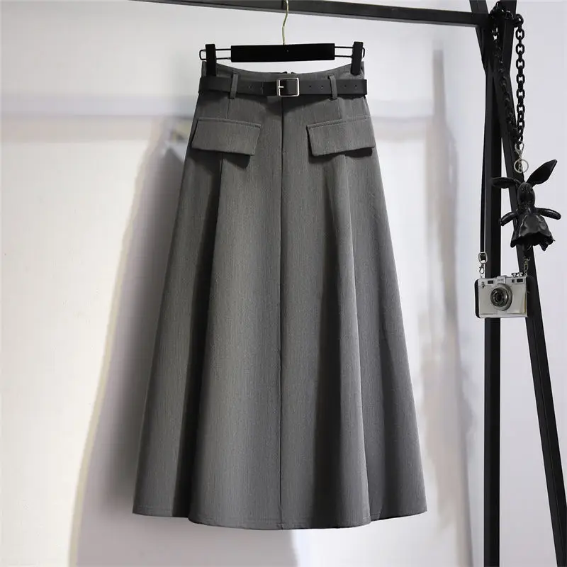 Korean Fashion Autumn Women\'s Solid Pleated Button Elastic High Waist Simplicity Casual Chic Slim Mid-length A-line Suit Skirt