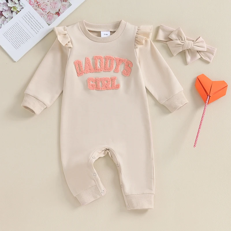 

Baby Girls Rompers Letter Embroidered Crew Neck Long Sleeve Jumpsuits Fall Toddler Clothes Bodysuits with Headband