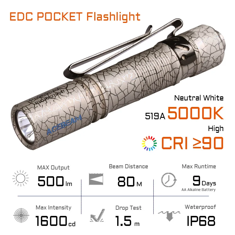 ACEBEAM Pokelit AA Titanium EDC Lanterna 500 Lumens Alta CRI90 IP68 Lanterna LED de Bolso Pequeno para Transporte Diário