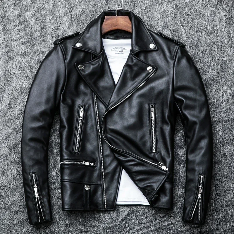 

Spring Classical Perfecto Jacket Genuine Leather Motorcycle Jackets Men New Zealand Sheepskin Men Black Coat Slim Suit