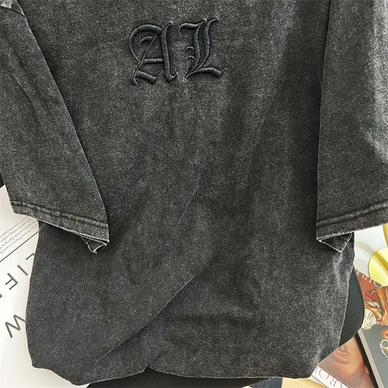 クラシックな文字が刺繍された女性用Tシャツ,ヴィンテージアート,アメリカのシックなトップ,ウォッシュドコットンのTシャツ,夏,新しい,大きいサイズ,2024
