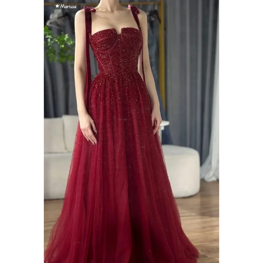 فساتين سهرة ماريسا D/حفلة مصنوعة حسب الطلب على شكل حرف a من التل لحفلات الزفاف أنيقة حمراء مكشوفة الكتفين بحزام الحمالات للحفلات الراقصة