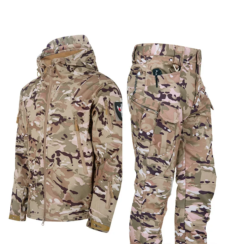 Nuevo traje de camuflaje grueso de invierno para hombre, conjunto de entrenamiento táctico impermeable, chaqueta con capucha multibolsillo, pantalones de lana para caza al aire libre, 2 piezas