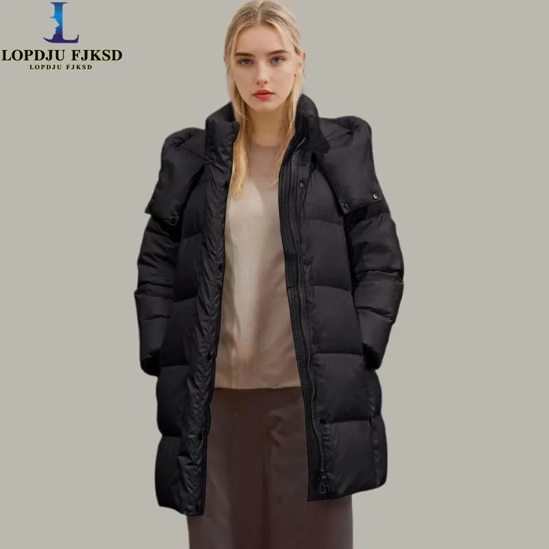 

Long Thick Down Jacket for Women,Hooded Loose Coat,Female Clothing,Korea,Covered Button,New, Winter,2025