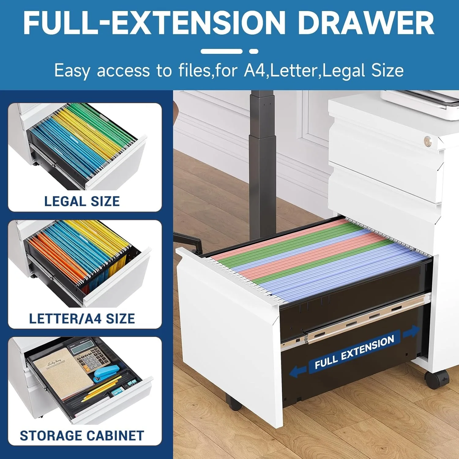 3 أدراج قابلة للقفل، خزانة ملفات تحت مكتب منزلي، خزانة ملفات قانونية/حرف/A4، أبيض #4