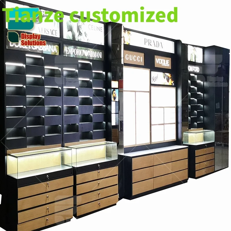 

Customized-Optical store glasses shop decoration optical wall display rack wooden eyewear display showcase