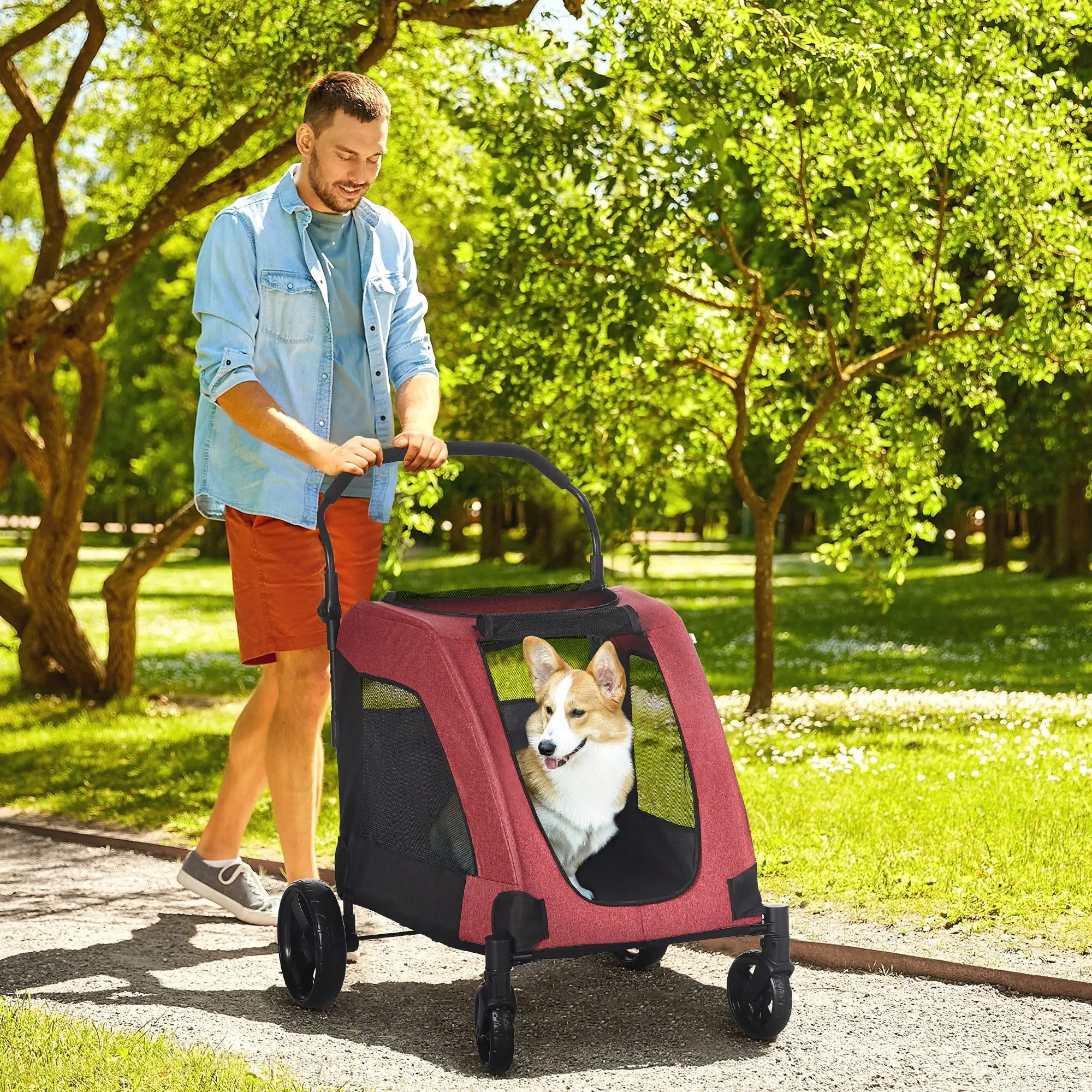 Large Pet Stroller For Dogs Adjustable Foldable Waterproof With Belt Zipper Closure For Outdoor Travel Compatible With Cars