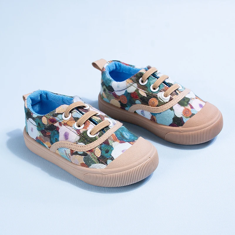 

Весенне-осенние детские парусиновые туфли с рисунком маслом в стиле ретро, мягкая подошва без шнуровки с защищенным носком, уличная мода