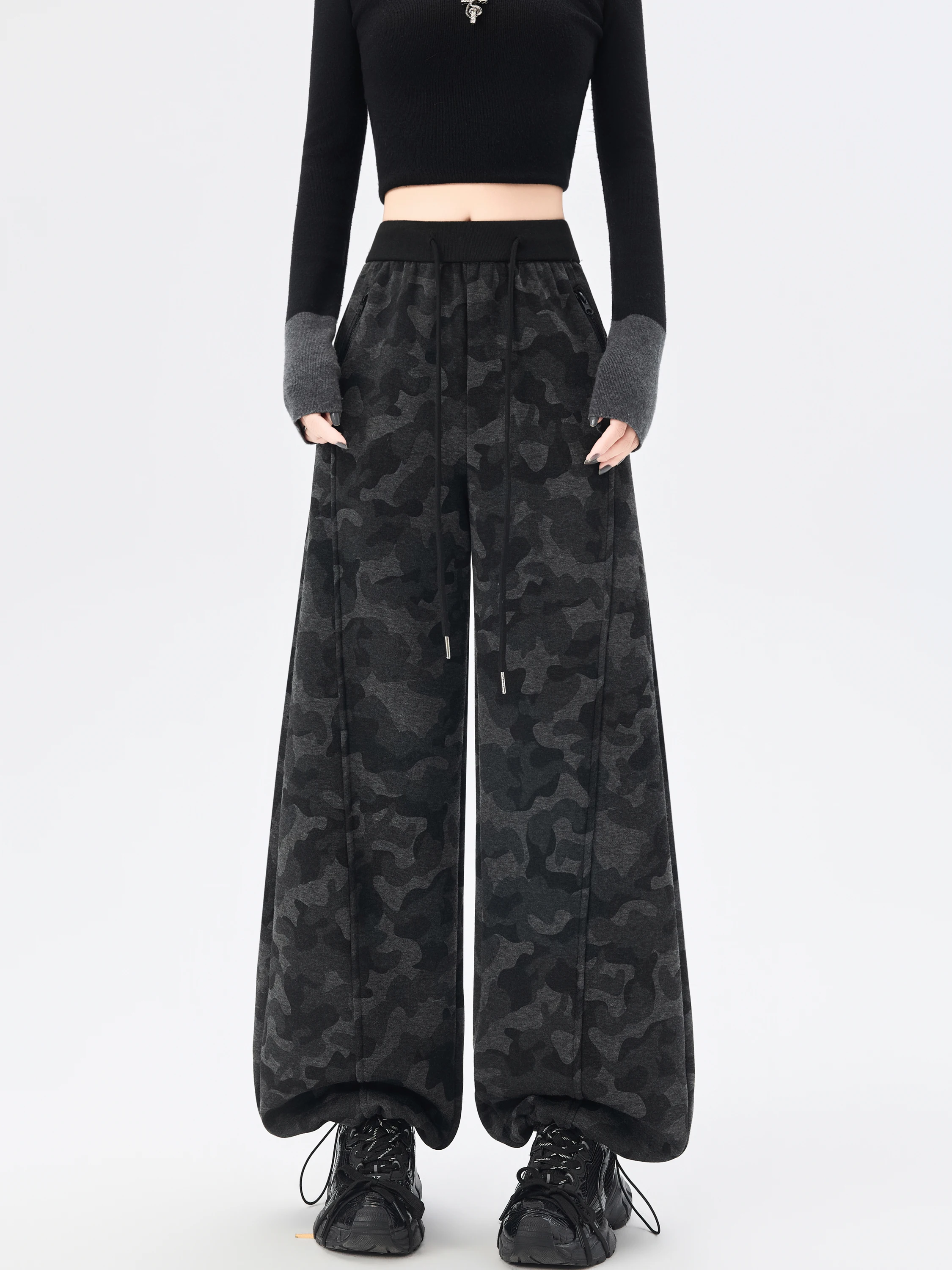 High Waist Fce Lined Thiened Camouflage Wide Leg Pants Women's Winter Loose Casual Sports Sweatpants Patchwork Floor-Len...