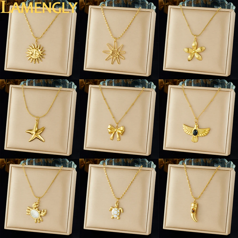 

LAMENGLY 316L Stainless Steel Classic Simple Geometry Sun Bow Flower Marine Animal Pendant Necklace Women New Trend Neck Chain