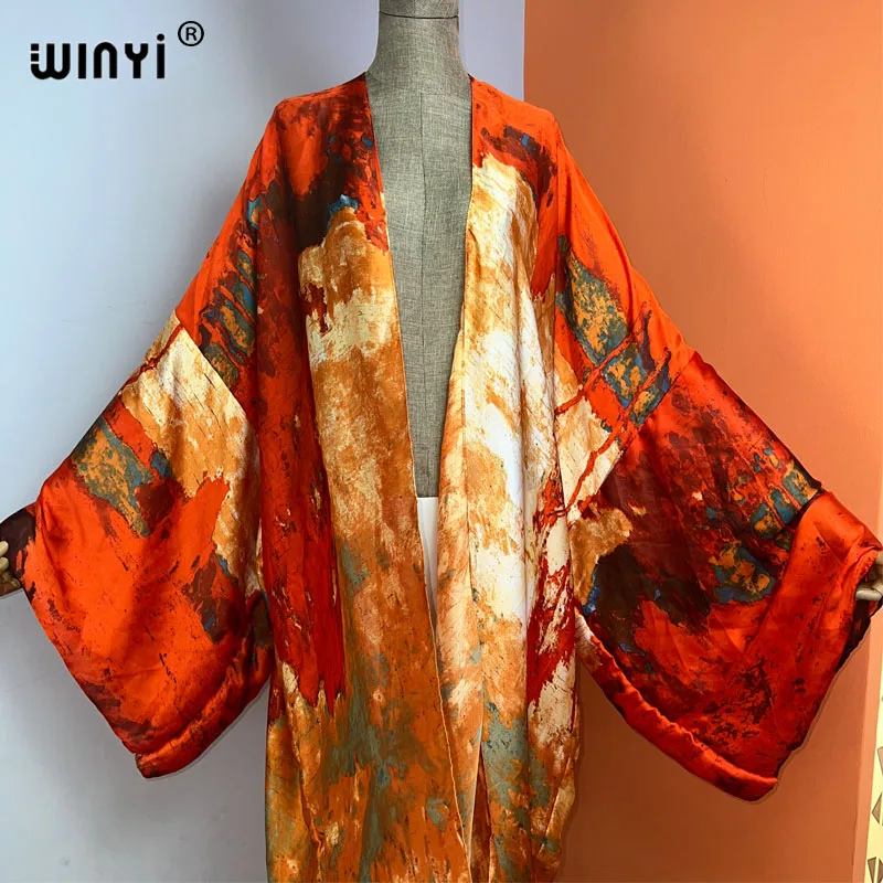 WINYI summer new fashion print Women Cardigan Loose Long Dress elegant Party Boho Maxi beach Holiday Cover Up Kimonos kaftan